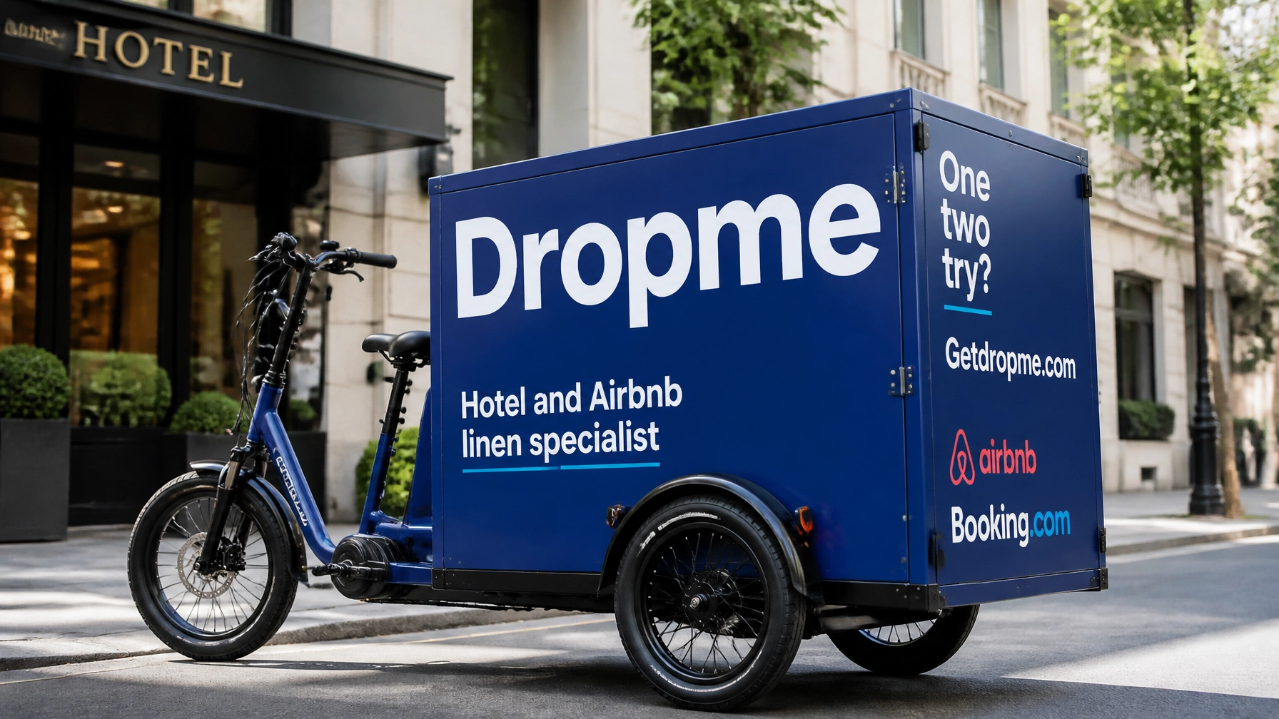 DropMe laundry Barcelona service — cargo bike picking up linen at a Barcelona hotel